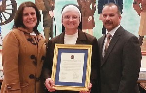 (L to R) Mayor Diaz, Sr. Rebecca Piatek, Council President Joel Pabon
