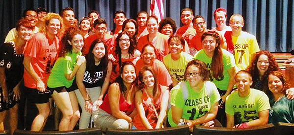 Some Members of the Class of 2014 - 2017 pose for a group photo with former students and some teachers and counselors after speaking at the Perth Amboy Board of Education 6/19/14 meeting. *Photo by Carolyn Maxwell