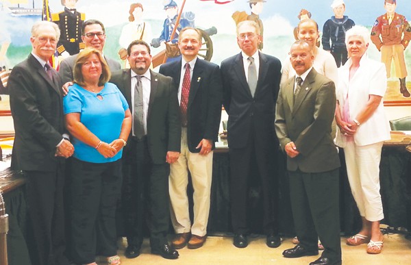 PERTH AMBOY - The City Council, City Clerk and City Attorney pose with outgoing B.A. Greg Fehrenbach (Back Row 3rd from Left) and welcome the new B.A. Jillian Barrick (Back Row 2nd from Left) . *Photo by Carolyn Maxwell