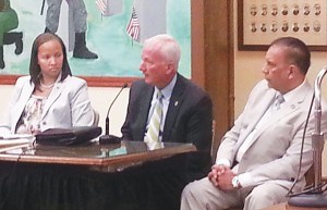 B.A. Jillian Barrick, Lt. Colonel Frank E. Rodgers (Ret.), President of the Rodgers Group LLC and Police Chief Benjamin Ruiz at the 9/8/14 Caucus Meeting. *Photo by Carolyn Maxwell
