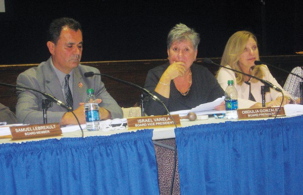 Board Vice-President Israel Varela, Board President Obi Gonzalez and Acting Superintendent Dr. Vivian Rodriguez