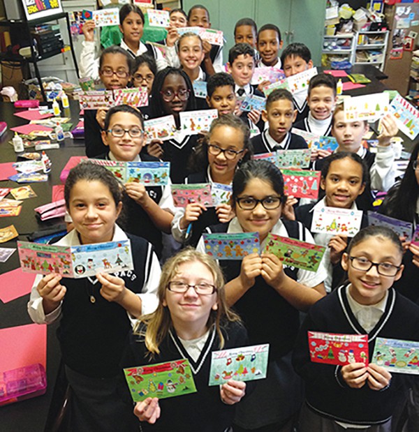 The students of Perth Amboy Catholic Upper School made hundreds of Christmas Cards for New York City Meals on Wheels Recipients. The community service project was completed under the guidance of the Art teacher, Mrs. Rose Lavin-Pennyfeather. Photo: 6th Grade Students of Perth Amboy Catholic Upper School.
