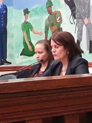 Mayor Wilda Diaz (right) sits next to B.A. Jillian Barrick as they listen to the audio at the 4/8/15 Council Meeting. *Photo by Carolyn Maxwell