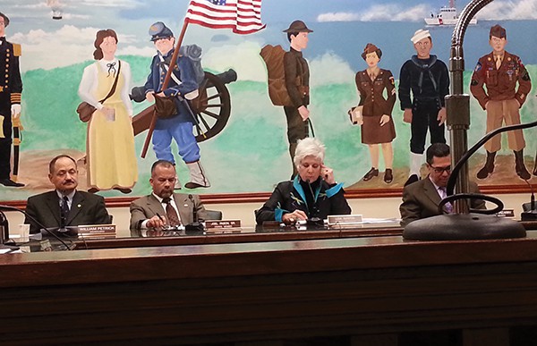 (L to R) Councilmen Bill Petrick, Joel Pabon, Council President Lisa Nanton, Councilman Fernando Irizarry listen intently to the audio portion of Middlesex County Superior Court Judge Heidi Currier’s ruling regarding the 11/4/14 election at the 4/8/15 Council Meeting. *Photo by Carolyn Maxwell