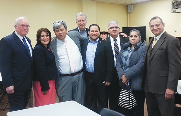 (L to R) Mayor Fred Henry, Mayor Wilda Diaz, Council President Mickey Gross, Asm. John Wisniewski, Mayor’s Aide Irving Lozada, Dr. Jorge Gonzalez-Gomez, Yoldanda Rodriguez and Celebrate the Amboys Chair Barry Rosengarten