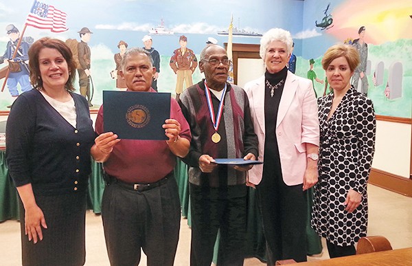 PERTH AMBOY - Mayor Wilda Diaz, Council President Lisa Nanton, and Office of Aging Director Dianne Roman surround Roberto Pagan, Silver Medalist and Jeremiah Raysor, Gold Medalist who participated in the 2014 NJ Senior Olympics Billiards. Dianne Roman explained that this is a Statewide Competition and there were a total of 6 Perth Amboy Residents who brought home medals. Not present included: Bronze Medalists Rafael Colon, Ernie Ervin, Armando Lopez and Silver Medalist Fred Pizzi. *Photo by Carolyn Maxwell