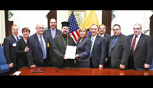 Lt. Governor Kim Guadagno Commemorates Greek Independence Day with Fr. George Nikas, Members of the New Jersey Hellenic American Heritage Commission and the Order of AHEPA. (L to R) AHEPA Lt. Gov. Asteris Fanikos, DOP Lt. Gov. Karen Knicos, AHEPA Supreme Gov. Phil Vogis, Hellenic Heritage Commission Chair and AHEPA District Marshall Zenon Christodoulou, Father Nikas, Lt. Gov. Kim Guadagno, former Assemblyman and Hellenic Heritage Commission Chair Steve Corodemus, former Assemblyman Larry Chatzidakis, AHEPA PDG Savvas Tsivicos, and Stavros Antonakakis. *Photo Submitted