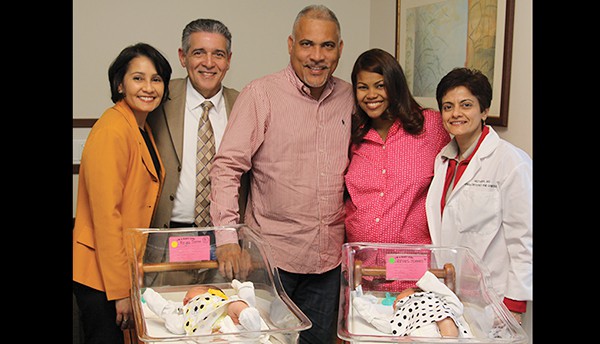 (L to R) Adaligia Guillen, Dr. Gregorio Guillen, Pablo and Alicia Reyes Torres and Dr. Neeti Misra with twin baby girls Ada Paula and Paula Sophia. *Photo Submitted