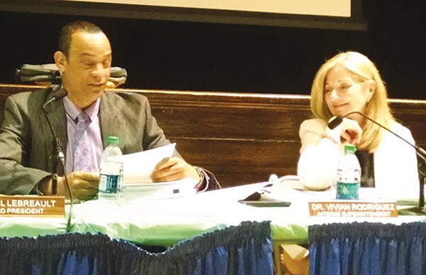 Board President Sam Lebreault with Interim Superintendent Dr. Vivian Rodriguez at the 6/18/15 Board of Education Meeting