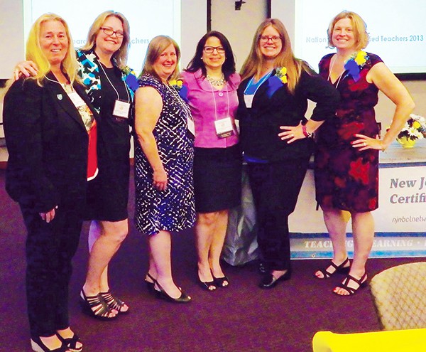 (L to R): AFTNJ President Donna M. Chiera with current Perth Amboy teachers Lynne Audet, Elizabeth Mazzeo, Cecilia Crespo, Rebecca McLelland-Crawley, and Stacy Lemongelli at National Board Certified Teacher certification and renewal recognition event *Photo Submitted