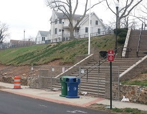 Another view from Front Street looking upwards. Work being done is supposed to shore up the wall and foundation to strengthen the structure of Bayview Park.