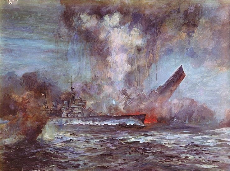 The HMS Hood sank in three minutes after an attack from the Bismarck. Public Domain as a U.S. Naval Historical Center Photograph.