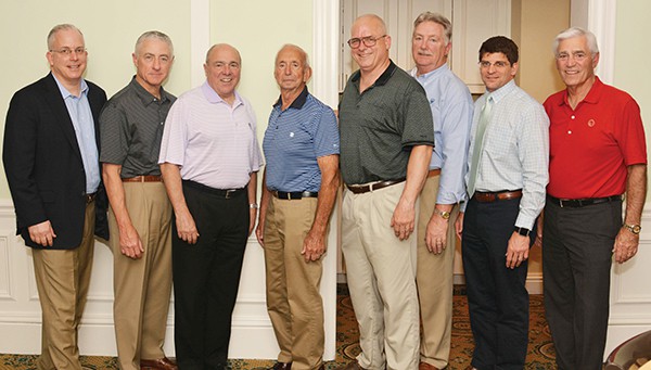 At the Sports Classic is, from left; Andrew Citron, M.D., director of the Division of Anesthesiology at Raritan Bay; Raritan Bay Medical Center Foundation Board Member Walter Brasch; Michael R. D’Agnes; Thomas McAuliffe; Timothy P. O’Brien, chairman of Raritan Bay Medical Center Foundation Board of Directors; Joseph Britton; Kenneth G. Swan, M.D., and Meridian Health President and Chief Executive Officer John K. Lloyd, FACHE. *Photo Submitted by Eric Muench