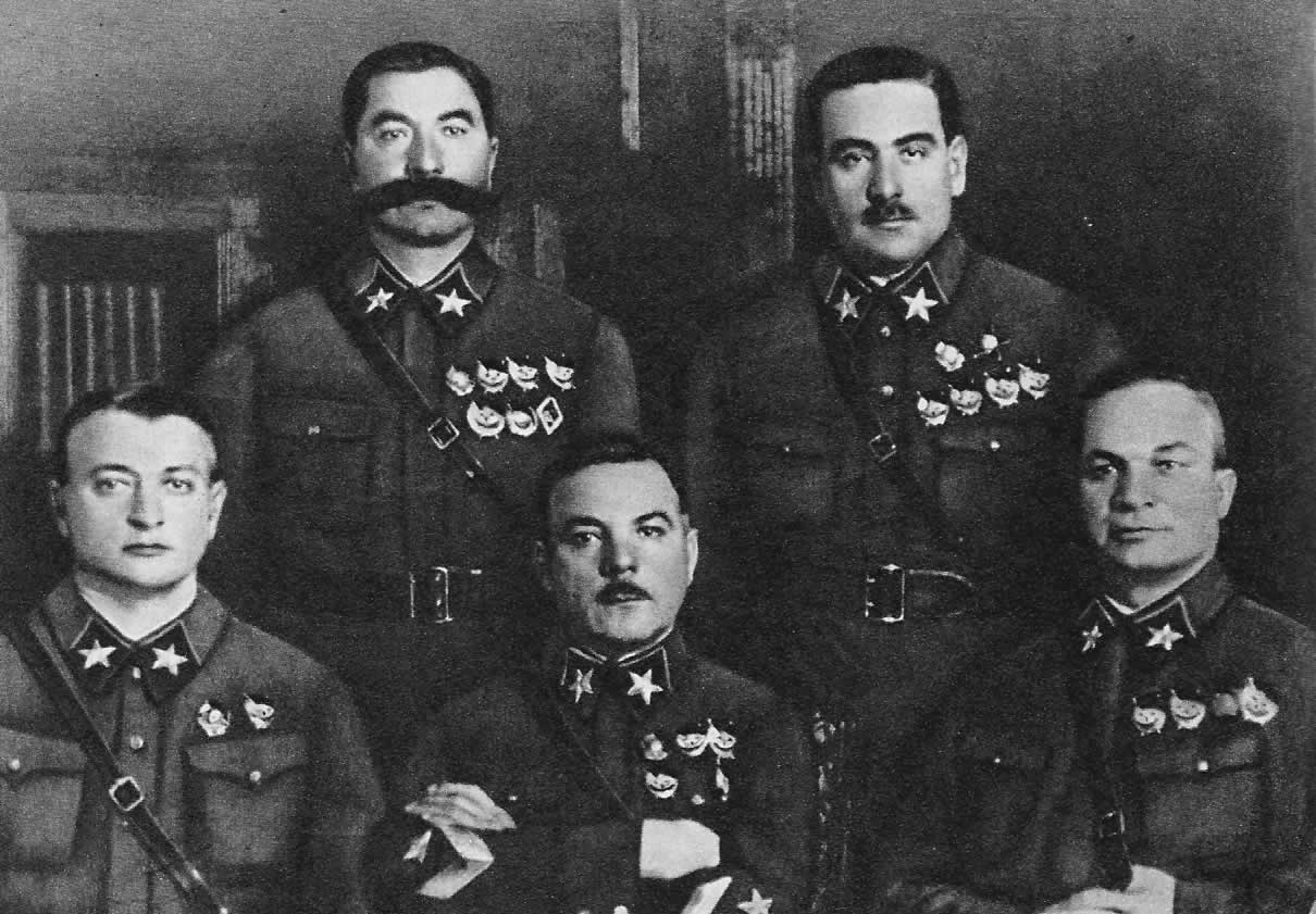 From left, Mikhail Tukhachevsky, Semyon Budyonny, Kliment Voroshilov, Vasily Blyukher, Aleksandr Yegorov. Only Voroshilov and Budyonny survived the Great Purge.