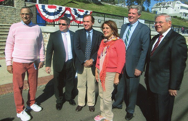 (L to R) Celebrate Perth Amboy and BID Chair Barry Rosengarten, B.A. Adam Cruz, Asm. Craig Coughlin, Mayor Wilda Diaz, Congressman Frank Pallone, Sen. Bob Menendez *Photo by Bob Ned
