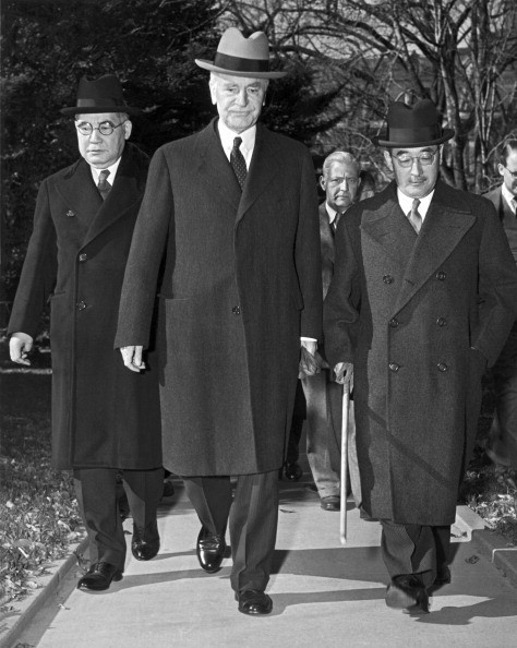 Saburo Kurusu (right) Japan's special envoy for a 'final attempt at peace,' Secretary of State Cordell Hull, and Kichisaburo Nomura (left) Japanese Ambassador to the United States, arrive at the White House for a 70 minute conference with President Roosevelt, Washington DC, November 17, 1941. The President told them that he hoped a major conflict in the Pacific could be avoided. WikimediaCommons