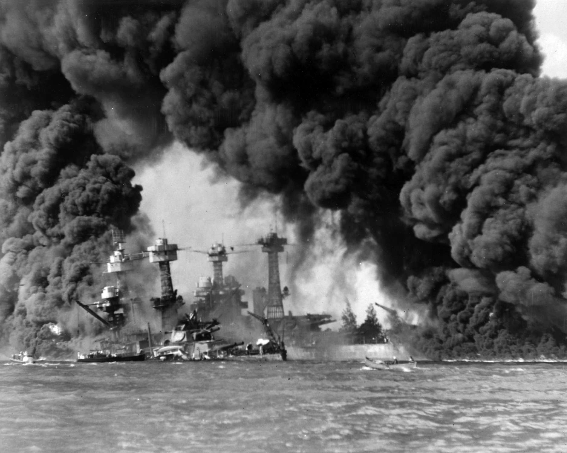 Burning ships at Pearl Harbor. National Archives and Records Administration, through Wikimedia. Click to enlarge.