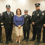 Perth Amboy Mayor Wilda Diaz and Fire Chief Abraham Pitre (center) with Honorees (L) Lt. Roman McKeon PAPD, Capt. Larry Cattano PAPD, (R) Firefighter David Ramos PAFD, and Bob Dahill